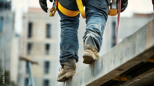 Balancing Act - Construction Worker on Narrow Beam with Fall Protection Harness, Ensuring Precision and Safety