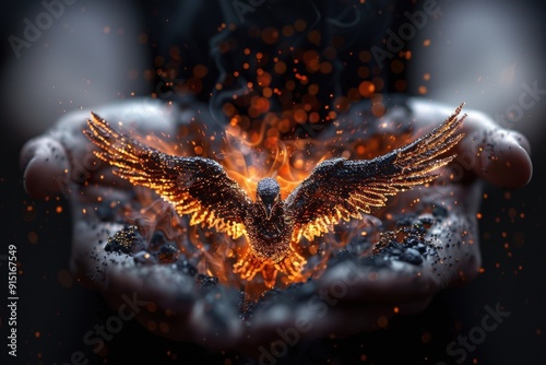 An image depicting a fiery phoenix rising from a pair of hands, symbolizing rebirth and resilience with bright glowing and detailed fiery embers.