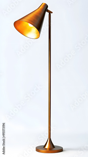 Modern tall metal brass floor lamp isolated on a white background