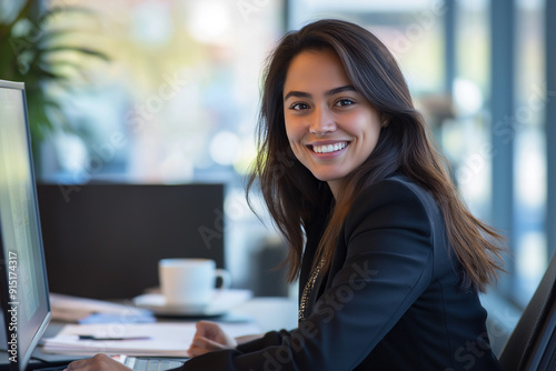 A young businesswoman with long brown hair smiling confidently while working on her computer in a modern office setting.