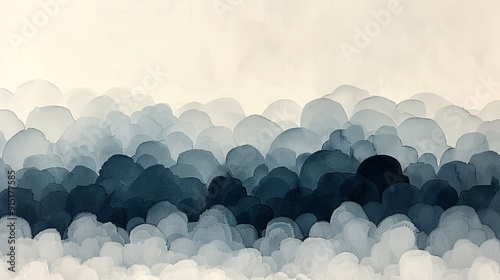 The image displays a monochrome watercolor landscape painting, featuring abstract hills or clouds in shades ranging from light grey to black, arranged in a serene and flowing composition.