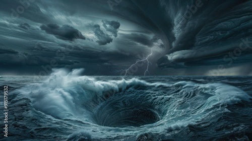 Icredible, huge whirlpool in ocean, sea bellow supercell with lightning and dust storm spinning in sky full of dark storm clouds