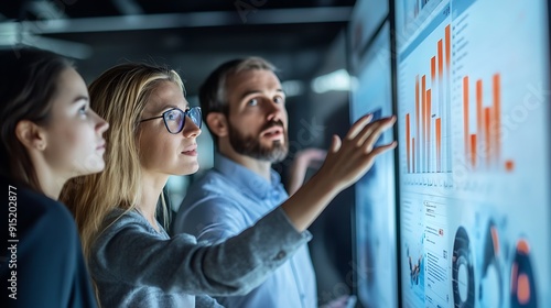 Business professionals analyzing market performance data on a digital dashboard, focusing on benchmarking and competitive analytics for strategic decision-making