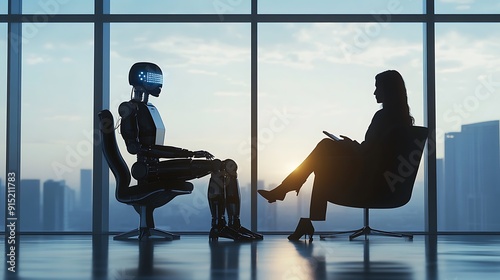 A futuristic job interview scene featuring a human candidate and an AI robot, symbolizing the rise of automation and the potential for human replacement in the workforce