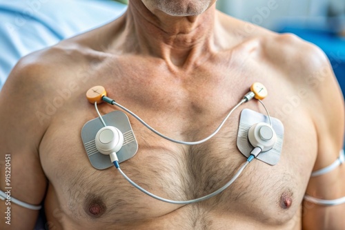 A small, portable external pacemaker device with wires and electrodes attached to a patient's chest, regulating heartbeat rhythm in a medical setting.