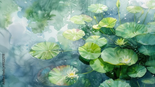 A watercolor painting depicts large green lily pads floating on the surface of a calm pond. The pads are in various shades of green, and some have water lilies blooming on top of them. The water is a 