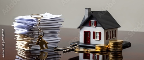 A model house with keys and stacked paperwork, symbolizing real estate transactions and home ownership