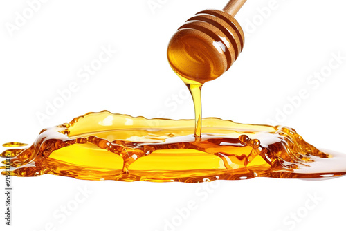 Golden Honey Dripping From Wooden Dipper Creating A Pool On White Background on Transparent PNG Background.