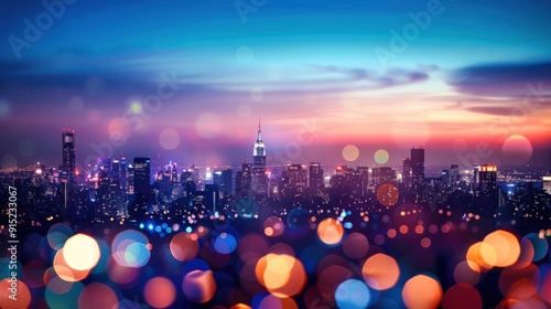 The city skyline is illuminated with twinkling lights as the sun sets, casting a warm glow over the cityscape. The buildings are silhouetted against a sky of vibrant pink, purple, and blue hues, creat