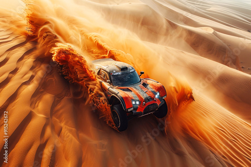 A racing car races quickly through the desert dunes during a competition. Extreme speed sport.