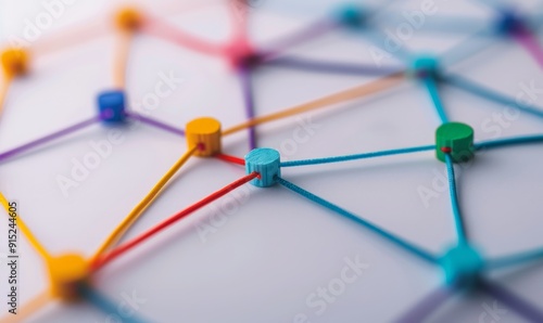 abstract network connection concept with colorful string and wooden beads on white background.