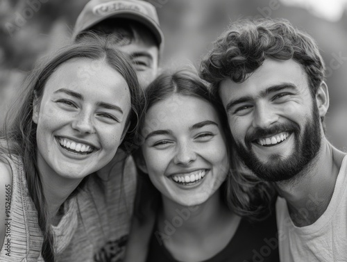 A black and white photo of a group of friends socializing, likely at an event or gathering