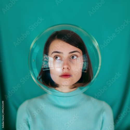 young woman with glass dome on head looking up, contemplative expression, surreal portrait, blue and green backdrop, abstract concept.