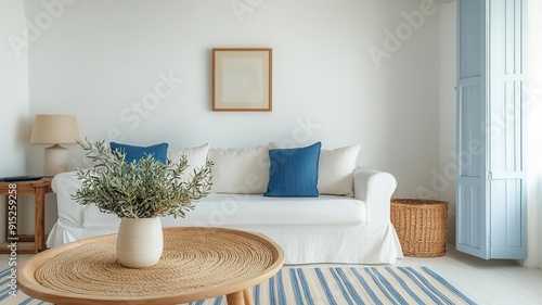 Greek island-inspired interior with whitewashed walls, blue accents, and regional decor, capturing the essence of Mediterranean culture, serene living space