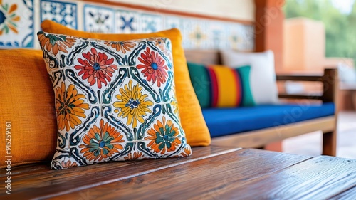 Traditional Mexican hacienda interior with colorful Talavera tiles and rustic wooden furniture, rich cultural heritage, modern regional design