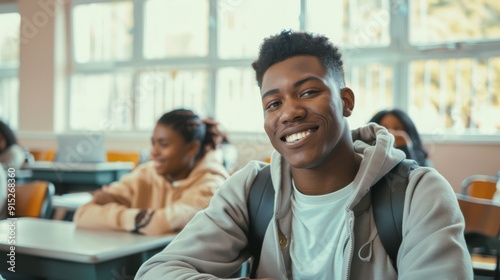 A high school student with a broad smile, sitting in a classroom with peers blurred in the background, showcasing a lively learning environment.