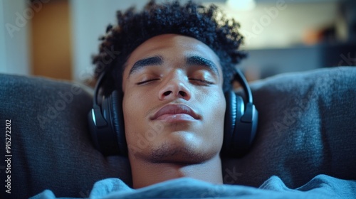 A person lying down on a sofa with headphones on, likely enjoying their favorite tunes