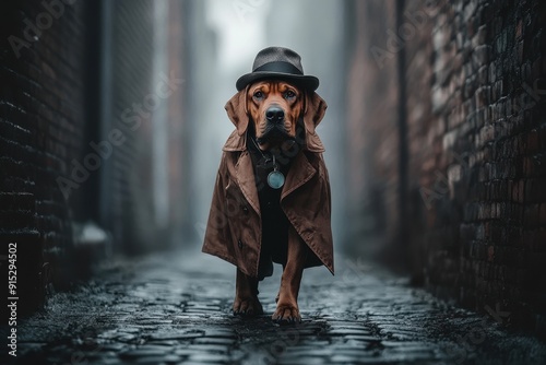 Detective Dog: A bloodhound wearing a trench coat, detective hat, and carrying a magnifying glass, standing in a foggy alley