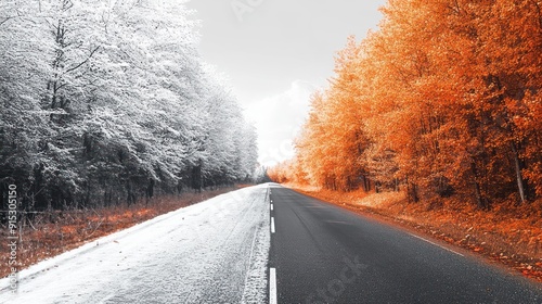 Long road flanked by trees left side covered in white snow and red leaves, right side with seasonal changes, winter and autumn blend, nature scenery