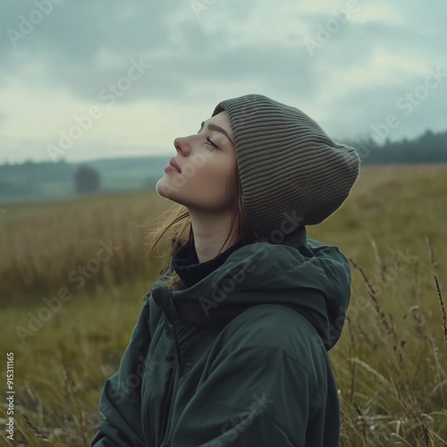 Woman with covered head in the mountain