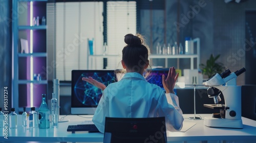 A scientist in a bustling lab, working with cutting-edge equipment, deep in thought, while abstinent models glow on computer screens.