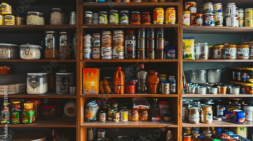 A fully stocked pantry with neatly arranged canned goods and jars, displaying an array of colors and labels, evoking feelings of preparedness and comfort.