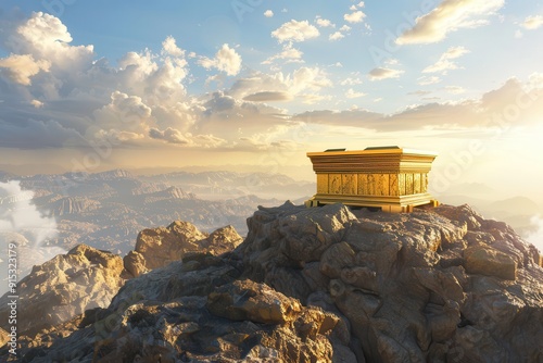 Covenant: 3D Rendering of Ancient Ark with Angel on Top of Mountain Altar