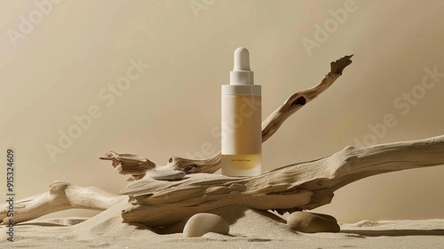 Luxury Skincare/Cosmetics Bottle on Natural Sand and Wood BackgroundPremium skincare bottle displayed on sand with driftwood and natural elements, an elegant and earthy scene. Commercial