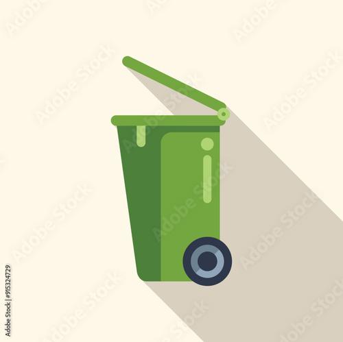 Green wheelie bin with an open lid, for waste and recycling, with a long shadow