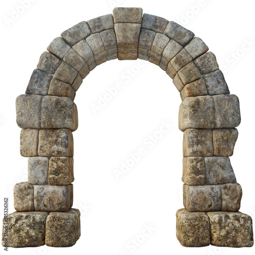 Ancient Stone Archway Structure Isolated on White Background.