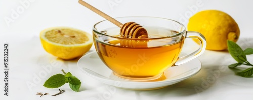 Freshly brewed cup of green tea with honey and lemon on white background, 4K hyperrealistic photo