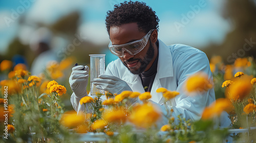 A scientist conducts research in a vibrant flower field, showcasing the intersection of nature and scientific exploration.