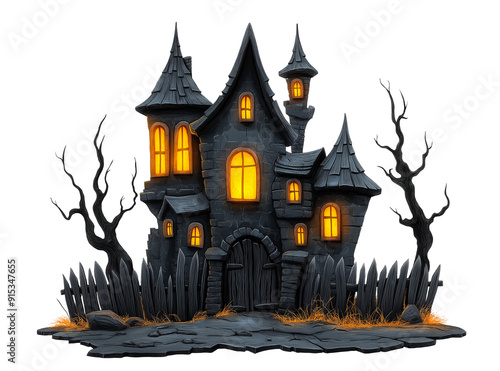 Night horror castle house building in a dilapidated yard. Spooky atmosphere. Twigs. cut out