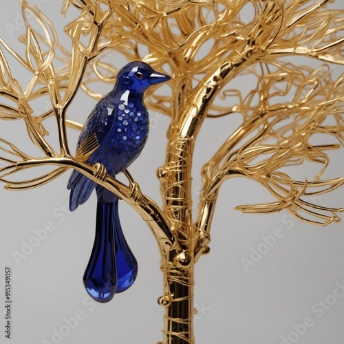 An artificial halcyon bird made up of blue Sapphire glass stones sitting on a gold tree stalk.