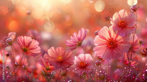 A vibrant field of blooming pink flowers illuminated by the soft sunlight during a serene sunrise in spring