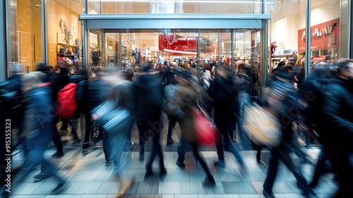 Crowds of shoppers rush through the mall entrance, bringing energy and excitement to the bustling atmosphere on a vibrant weekend