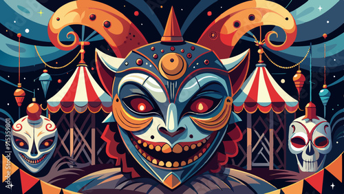 Sinister Carnival Mask with Tent Background and Evil Grin