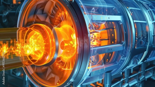 A visualization of a controlled nuclear fission reaction in a reactor core, illustrating the chain reaction and energy production