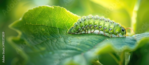 A silkworm consuming a mulberry leaf. with copy space image. Place for adding text or design