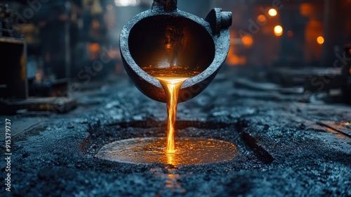 Liquid molten metal pouring from crucible in foundry