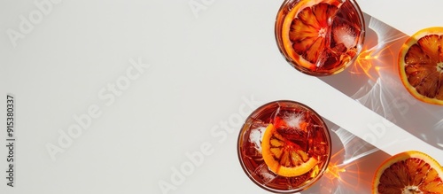 Negroni cocktails featuring blood oranges captured in an overhead flat lay on a white background with shadows and copy space