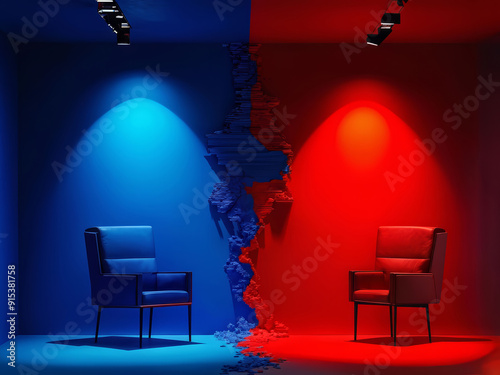 Abstract Oil Painting Depicting US Elections Election Debate with Empty Chairs