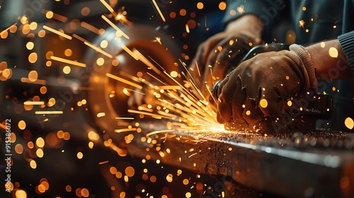 A macro shot of a lawnmower blade being sharpened, focused on the blade edge and grinding wheel, sparks flying, worn hands, workshop setting, hd quality, sharp details, natural lighting, soft focus.