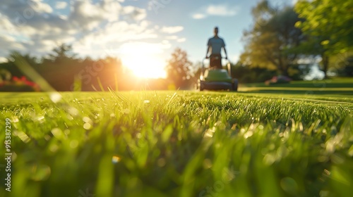 A picturesque scene of a professional landscaper mowing a large lawn with a commercial mower, uniform and equipment visible, lush green grass, sunny sky, detailed and realistic, hd quality,