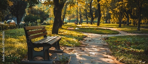 a bench commonly seen in various public parks. with copy space image. Place for adding text or design