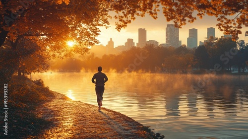 Dynamic action shot of a person jogging in a city park, energetic and athletic