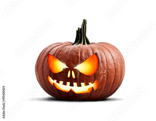 A single lit spooky halloween carved pumpkin, Jack O Lantern with evil face and eyes isolated against a transparent background looking to the left.