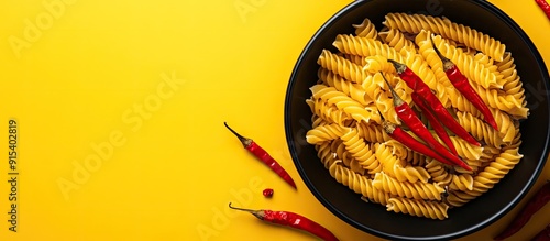 Colorful fusilli pasta dried Italian style with red chili peppers in a black bowl ingredients for preparing vegetarian dishes on a yellow background copyspace