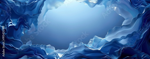 Abstract blue waves forming a textured border, frame with light shining through in a calm underwater atmosphere with empty space for text