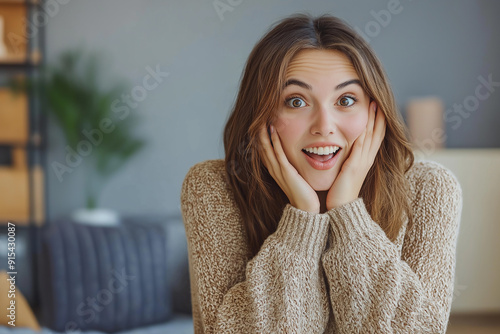 A surprised young woman, hands on her face, in a cozy living room setting, expressing astonishment or excitement, with warm, soft lighting enhancing the mood.